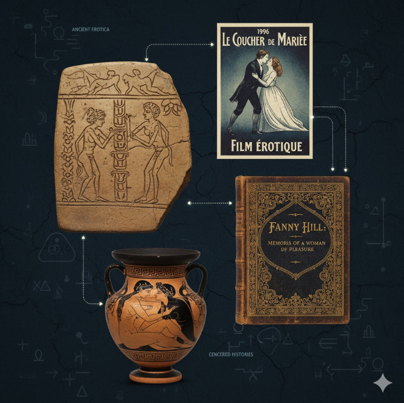 어두운 배경에 기원전 수메르 점토판 성행위 조각, 그리스 흑도기 에로틱 장면, 18세기 퍼니힐 책 표지, 1896년 포르노 영화 포스터가 콜라주된 인포그래프 스타일 이미지.