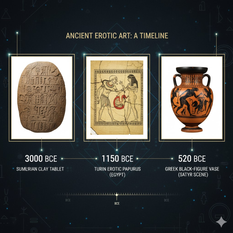 기원전 3000년 수메르 점토판, 이집트 투리스 파피루스 일부, 그리스 흑도기 사티로스 장면이 나란히 배치된 타임라인 스타일 인포그래프.