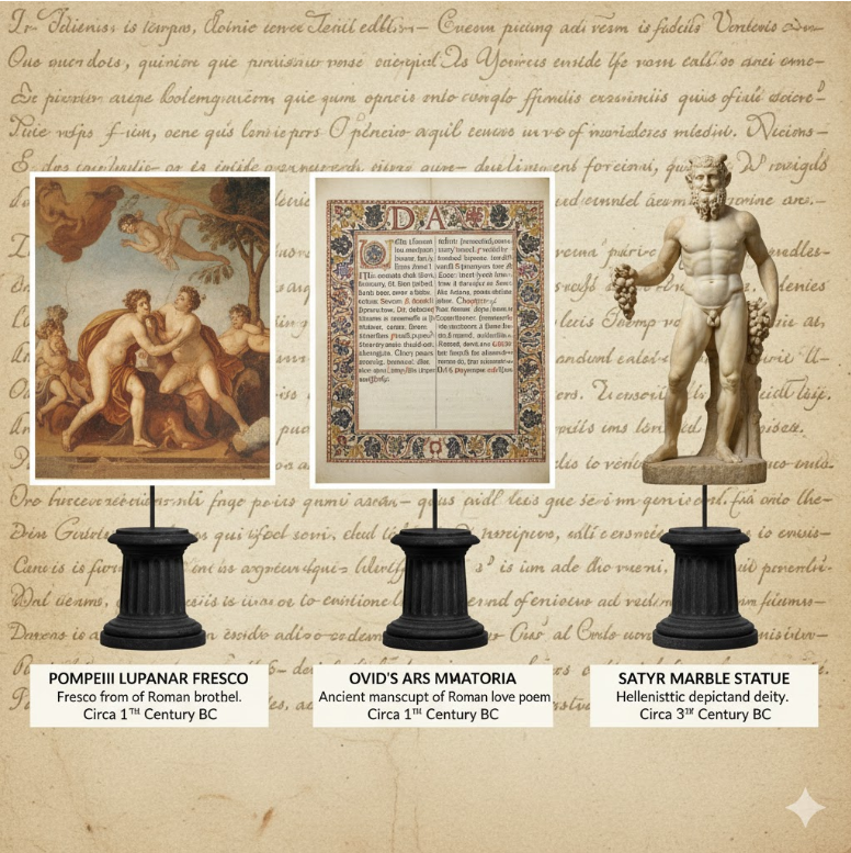 폼페이 루푸나레 벽화 실물 사진, 오비디우스 "사랑의 기술" 고대 사본, 사티로스 대리석상이 나란히 배치된 콜라주.