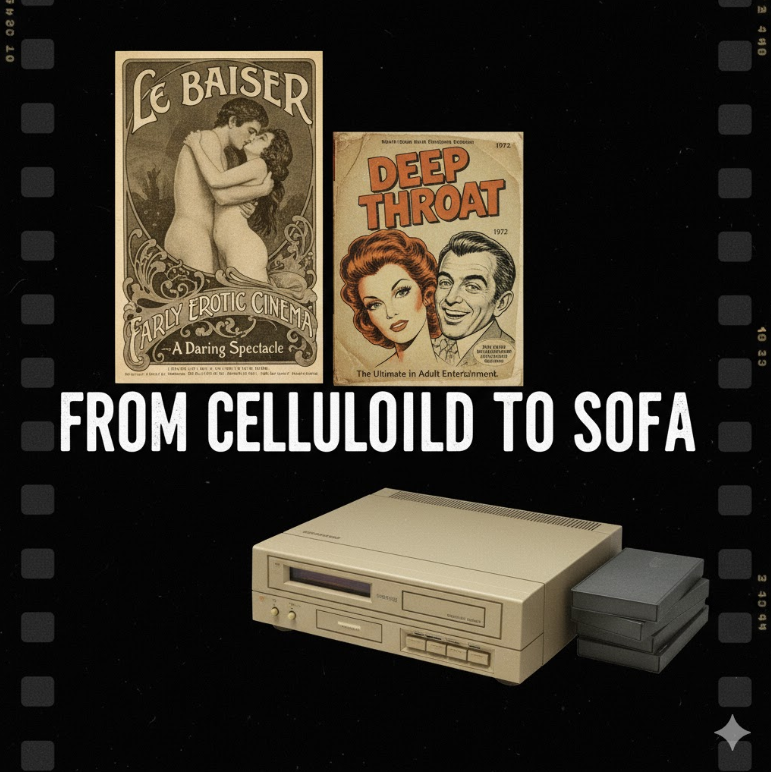 1896년 포르노 영화 포스터 복원본, 1972년 딥 쓰롯 VHS 커버, 1980년대 가정 비디오 플레이어 사진 콜라주.